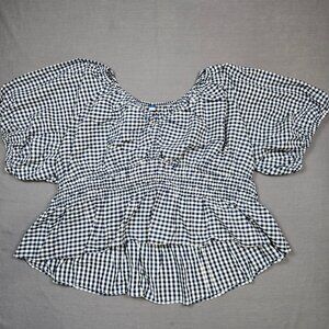 Old Navy 4X Blue & White Gingham Smocked Peplum Blouse 100% Cotton Cottage Core
